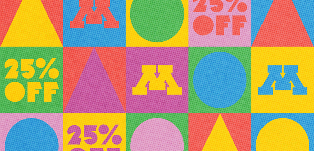 Multicolored shapes in squares with the UMN logo