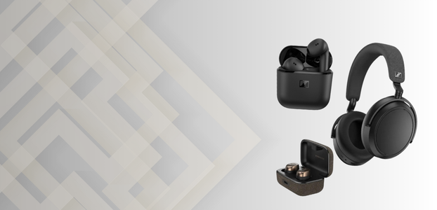 grey to white ombre background, three pairs of black headphones on right side of graphic